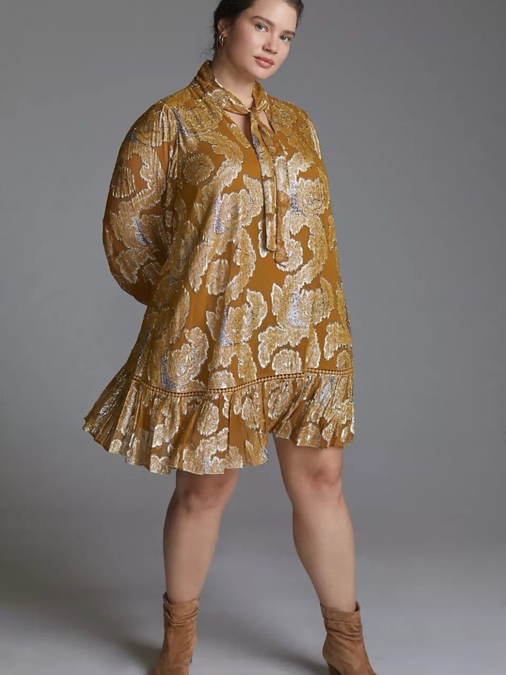 Anthropology Maeve Mustard Metallic Floral Tie-Neck Ruffle Mini Dress